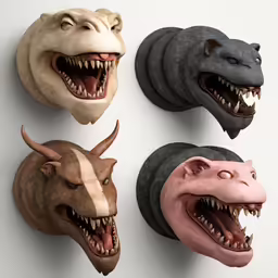 four different masks have teeth that mean cats