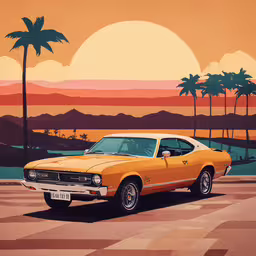 an illustration of a classic car parked in front of a palm tree,the yellow muscle mustang on an orange and brown background