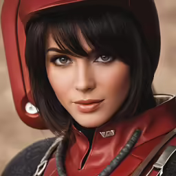 a woman in a red leather suit is posing