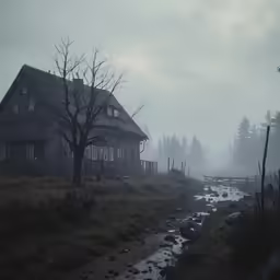 an old house is standing alone in the fog
