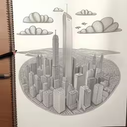 drawing of building in a city on a notebook,a drawing of the washington monument and other landmarks
