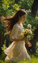 a woman wearing a dress holds a bunch of white and yellow flowers