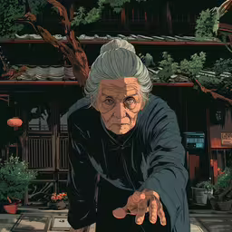 a character in a graphic style looks down,an elderly woman points to something in a garden