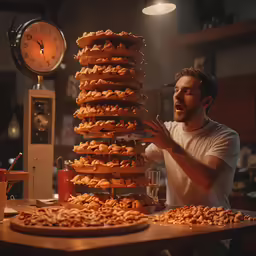 a man stands behind a large stack of cookies