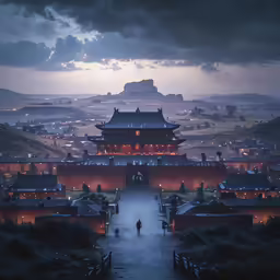 the ancient city at night with a large building and people walking in it