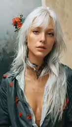 a girl with white hair and flowers in her hair