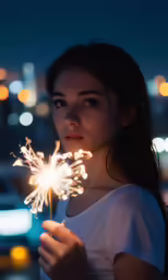 woman holding up a lighted item in her hands