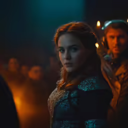 a woman in a dark dress in a dimly lit room