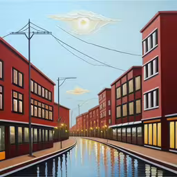 a painting of a town street with cars and street lights