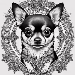 the dog is sitting in front of a floral design