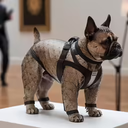 a statue of a dog on display in a museum