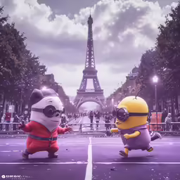 two small stuffed animals on a street with the eiffel tower in the background