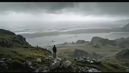 a person walking along a grass covered hill on a cloudy day