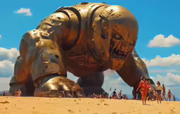 large gold statue depicting an enormous monster is in the sand