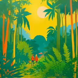 two people walk down the jungle trail at sunset,a painting of people walking through an tropical forest