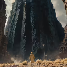 a person walking toward a huge, narrow mountain
