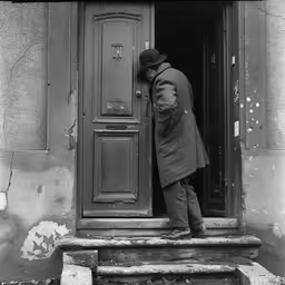 man with coat coming out of the door,the man stands outside his door and has his hand on the steps