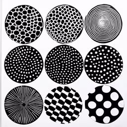 five black and white circular artwork pieces,several black and white designs on paper