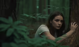 a woman leaning against a tree in a forest