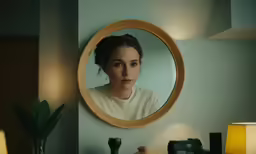 a woman looking at herself in the mirror