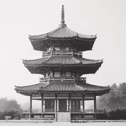 an oriental styled building is featured on a foggy day