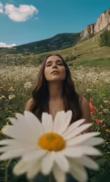 a woman with long hair holding a white flower in front of a mountain
