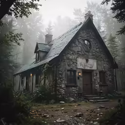 an old fashioned stone house with light shining on it