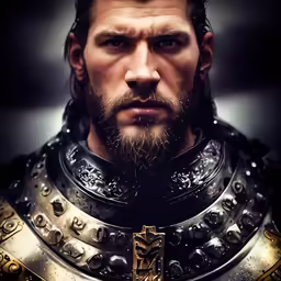 a man in armor stares straight ahead with his hair in a side ponytail