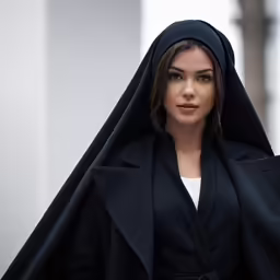 the young girl has dark hair, wearing a black robe and white shirt