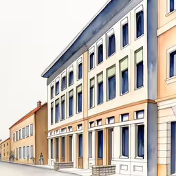 a watercolor drawing of a building with a person on the street,the watercolor illustration shows a row of buildings,the water color rendering of a building in winter,a painting of a long building with many windows,a painting of a building with blue windows