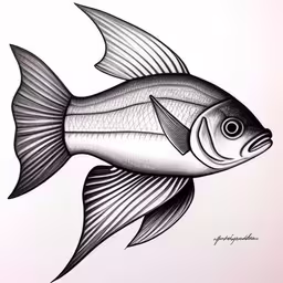 a drawing of a fish with large white fins,drawing of a fish with sharp tipped tail