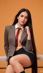 a woman wearing a brown and red neck tie