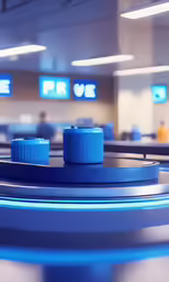 a large empty blue desk with several small round items