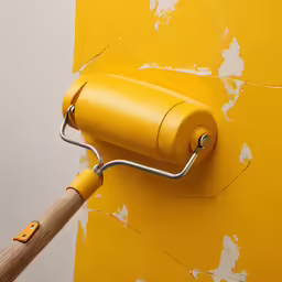 a paint roller that is used to attach to a yellow wall
