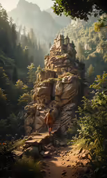 a person walks up a path through some rocks and trees