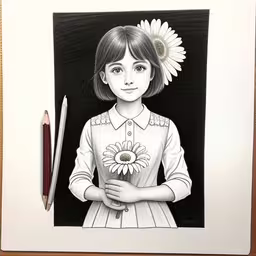 a picture of a girl holding a flower with a pen on her hand