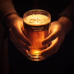 a person holding up a glass of beer