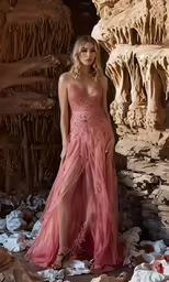 a woman standing in front of a large rock