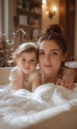 two young girls lying on top of a bed together