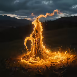 a burning tree stump in the middle of a field