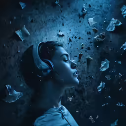 a young woman with headphones against a dark wall covered in objects