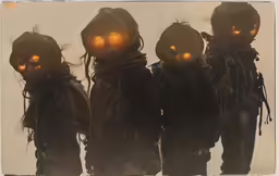 three strange looking pumpkin head aliens, one in front of the camera