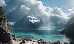 a mountain is in the distance next to a large body of water