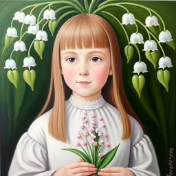 a painting of a girl holding lily of the valley,the painting is of a girl holding flowers,a painting with flowers in her hands near lily of the valley,painting of young girl holding flower in her hands,painting of a girl holding flowers by some green plants