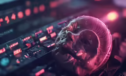 the hand is gripping a computer keyboard with a red light