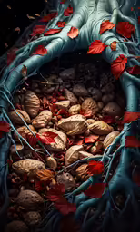 a picture of a bunch of leaves with red ones on them