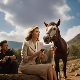 woman in beige dress sitting next to horse
