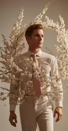 a man is dressed in white while standing with a branch
