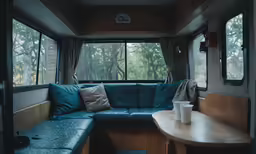 a couch sitting in the inside of a vehicle