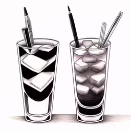 two glasses of ice tea with pens on them,two glasses with liquid and ice in it